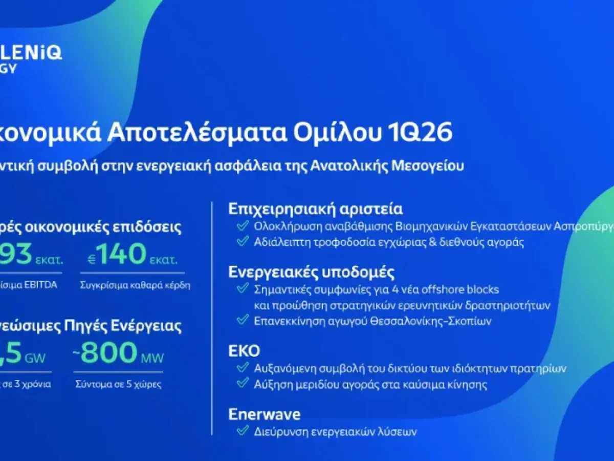 HELLENiQ ENERGY – Αποτελέσματα Α’ Τριμήνου 2026: Έμφαση στην ασφάλεια εφοδιασμού λόγω της κρίσης στη Μέση Ανατολή – Συγκρίσιμα EBITDA €293 εκατ., με ισχυρή επίδοση Διύλισης και πλήρη ενσωμάτωση της Enerwave